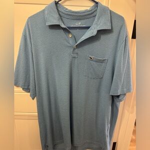 Blue and white striped Vineyard Vines golf polo.